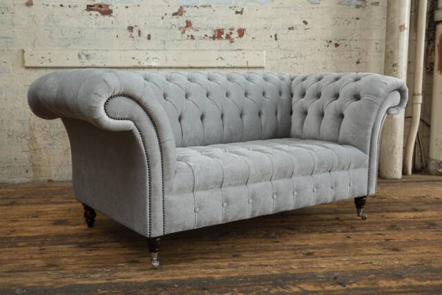 2 Seater Silver Grey Velvet Chesterfield Sofa, British Handmade - image 1