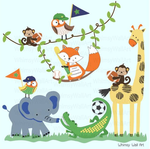 Baby League, Sports, Jungle Animals, Leaf Vines Decals - Vinyl Wall Art