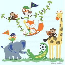 Baby League, Sports, Jungle Animals, Leaf Vines Decals - Vinyl Wall Art