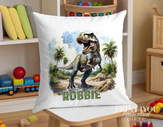 Personalised T-Rex Dinosaur Cushion Custom Kids Name, Soft 40x40cm Cover - image 1