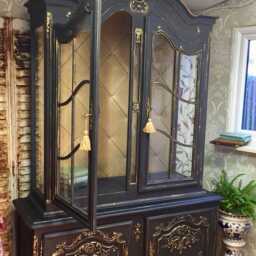 Vintage Louis Style Bookcase, Black & Gold Hand-Painted Display Cabinet - thumbnail 2
