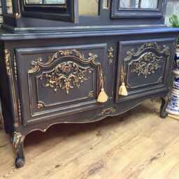 Vintage Louis Style Bookcase, Black & Gold Hand-Painted Display Cabinet - thumbnail 3