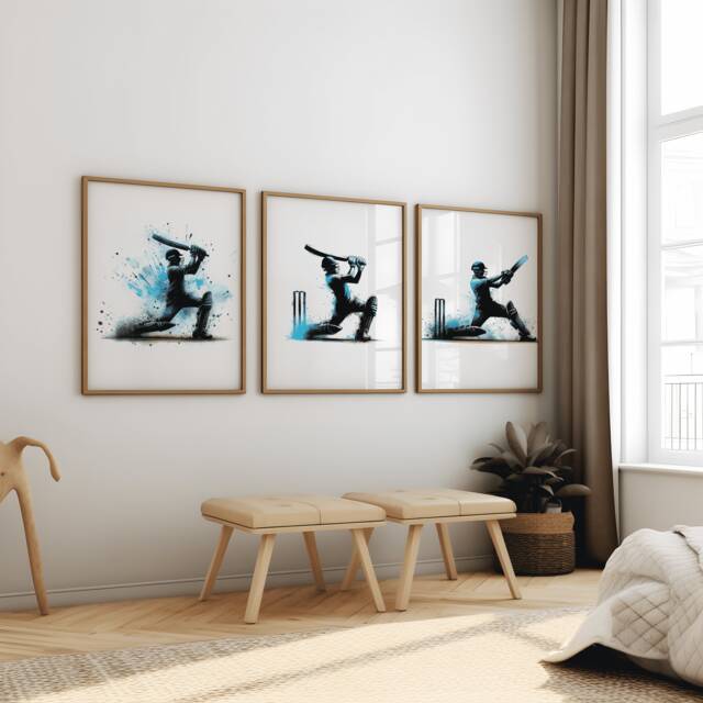 Cricket Batsmen Print Set - 3 Blue Posters - Watercolour Wall Art Gift For Lover Boys Bedroom Artwork Room Decor - image 1