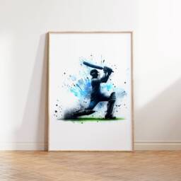 Cricket Batsmen Print Set - 3 Blue Posters - Watercolour Wall Art Gift For Lover Boys Bedroom Artwork Room Decor - thumbnail 2