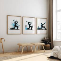 Cricket Batsmen Print Set - 3 Blue Posters - Watercolour Wall Art Gift For Lover Boys Bedroom Artwork Room Decor - thumbnail 1