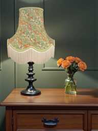 Handmade William Morris Sage Strawberry Thief Fabric Scalloped Lampshade Green Braid, Cream Fringe - Made in UK - thumbnail 1