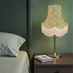 Handmade William Morris Sage Strawberry Thief Fabric Scalloped Lampshade Green Braid, Cream Fringe - Made in UK - thumbnail 2