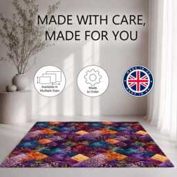 Purple Blue Floral Patchwork Quilt Pattern Rug Non-Slip Soft Area Carpet Bedroom Living Room Hallway Mat Decor - Made in UK - thumbnail 2