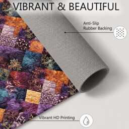 Purple Blue Floral Patchwork Quilt Pattern Rug Non-Slip Soft Area Carpet Bedroom Living Room Hallway Mat Decor - Made in UK - thumbnail 4
