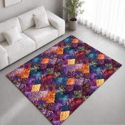 Purple Blue Floral Patchwork Quilt Pattern Rug Non-Slip Soft Area Carpet Bedroom Living Room Hallway Mat Decor - Made in UK - thumbnail 1