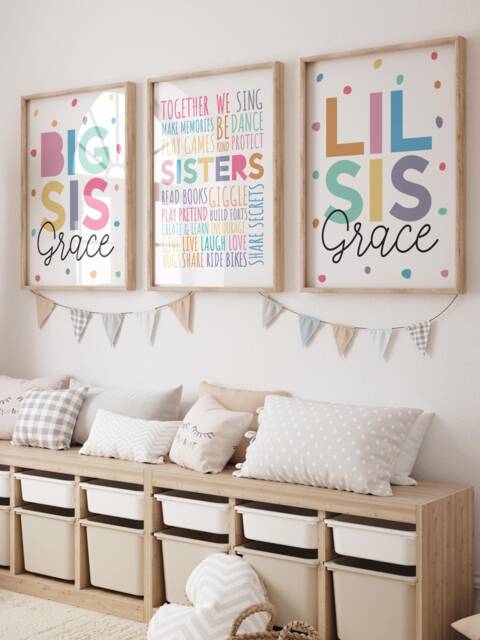 Set Of 3 Personalised Sister Prints, Girls Bedroom Decor, Big Sis Lil Sis, Nursery Siblings Wall Art, Playroom, Rainbow Print - image 1
