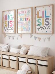 Set Of 3 Personalised Sister Prints, Girls Bedroom Decor, Big Sis Lil Sis, Nursery Siblings Wall Art, Playroom, Rainbow Print - thumbnail 1
