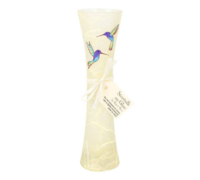 Tall Bud Vase - Natural Cream Strawsilk With Delicate Hand Painted Humming Birds - image 1
