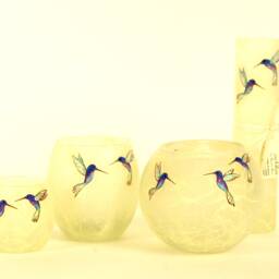 Tall Bud Vase - Natural Cream Strawsilk With Delicate Hand Painted Humming Birds - thumbnail 2