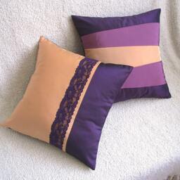 Decorative Throw Pillow Case 16 Inch Taffeta & Lace Cushion Cover in Peach Eggplant Seline Design - thumbnail 3