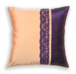 Decorative Throw Pillow Case 16 Inch Taffeta & Lace Cushion Cover in Peach Eggplant Seline Design - thumbnail 1