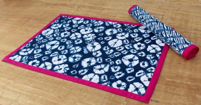 Indigo Cotton Rug, Diamond Pattern, Shibori Print, Indigo, Pink Border, Sizes Available - image 1