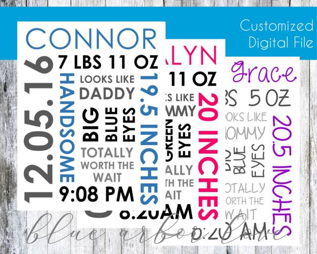Personalized Baby Boy Or Girl Nursery Birth Stats Subway Word Art Wall Hanging Custom PDF - image 1