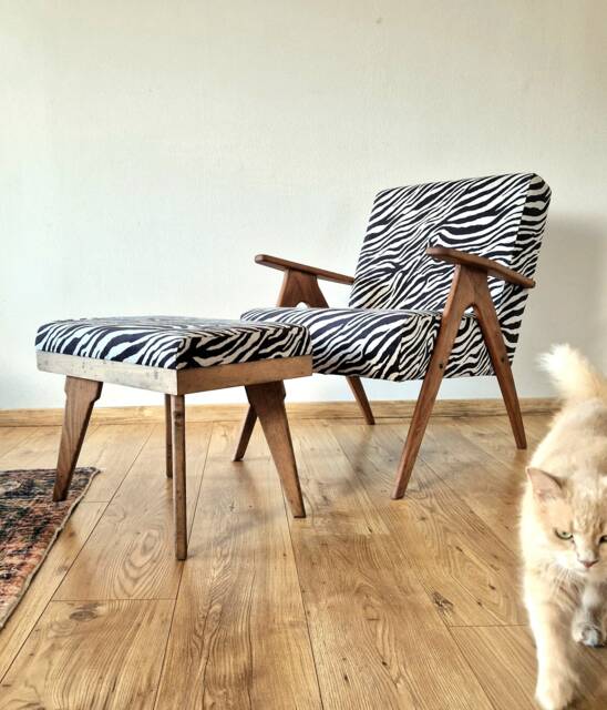 Zebra Mid-Century Armchair & Ottoman Set Handmade Solid Wood Lounge Furniture - image 1