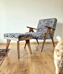 Zebra Mid-Century Armchair & Ottoman Set Handmade Solid Wood Lounge Furniture