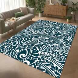 Teal Ornamental Rug - Elegant Botanical Tile Mat Classic Decor, Nonslip Carpet - thumbnail 2