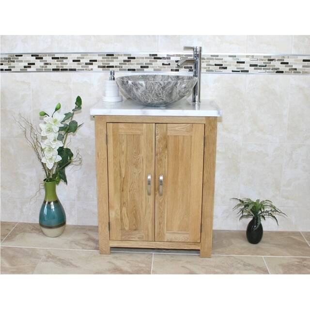 Bathroom Vanity Unit - Solid Oak With White Marble Top & Stone Basin 310Wmsbc - image 1