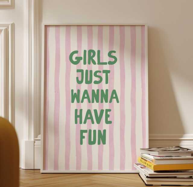 Girls Just Wanna Have Fun Wall Print, Pink & Green Poster, Girly Art, Stripes Decor, Aesthetic Bows, Trendy Bedroom Poster - image 1