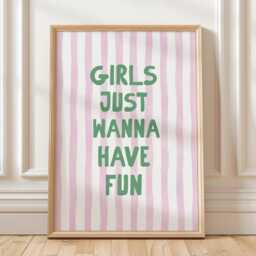 Girls Just Wanna Have Fun Wall Print, Pink & Green Poster, Girly Art, Stripes Decor, Aesthetic Bows, Trendy Bedroom Poster - thumbnail 3