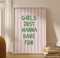 Girls Just Wanna Have Fun Wall Print, Pink & Green Poster, Girly Art, Stripes Decor, Aesthetic Bows, Trendy Bedroom Poster - thumbnail 1