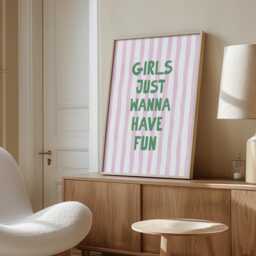 Girls Just Wanna Have Fun Wall Print, Pink & Green Poster, Girly Art, Stripes Decor, Aesthetic Bows, Trendy Bedroom Poster - thumbnail 2
