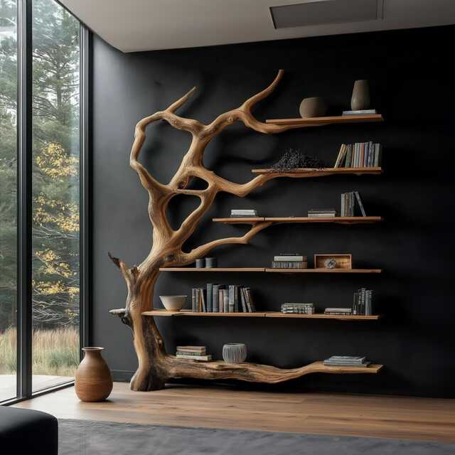 Rustic Wooden Bookcase Handmade Solid Wood Tree Bookshelf Home Decor Unique Gift For Book Lovers