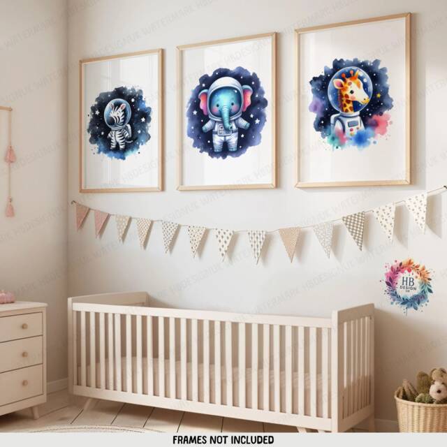 Animal Nursery Space Decor - Set Of 3 Watercolour Prints - Boys Bedroom Artwork Girls Wall Art Baby Animals Kids Room Posters - image 1