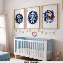 Animal Nursery Space Decor - Set Of 3 Watercolour Prints - Boys Bedroom Artwork Girls Wall Art Baby Animals Kids Room Posters - thumbnail 2