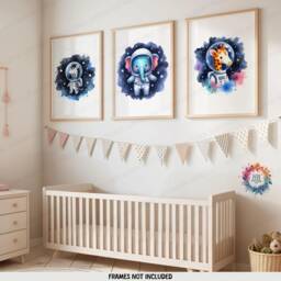 Animal Nursery Space Decor - Set Of 3 Watercolour Prints - Boys Bedroom Artwork Girls Wall Art Baby Animals Kids Room Posters - thumbnail 1
