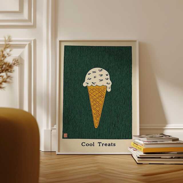 Ice Cream Cone Poster, Retro Minimal Art Print, Vintage Dessert Illustration - image 1