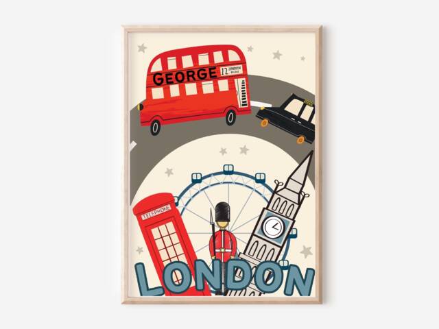 Children's London Print, Featuring A Personalised Bus, Big Ben, Eye, Black Cab, Soldier & Telephone Box - Print Only, Unframed - image 1