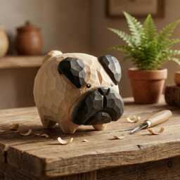 Whimsical Hand Carved Wooden Pug Figurine, Chubby Fawn Statue, Dog Lover Gift, Minimalist Pet Decor, Small Wood Animal Sculpture - thumbnail 1