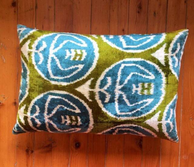 Green Velvet Ikat Pillow Cover Handwoven Silk Accent - image 1