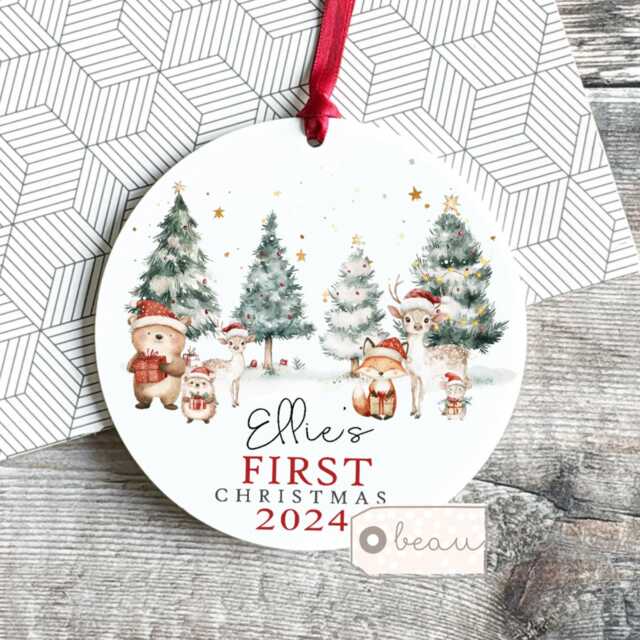 Personalised 1st First Baby Christmas Tree Gift Woodland Santa Hat Animals Gift Bauble Ornament Keepsake Decoration