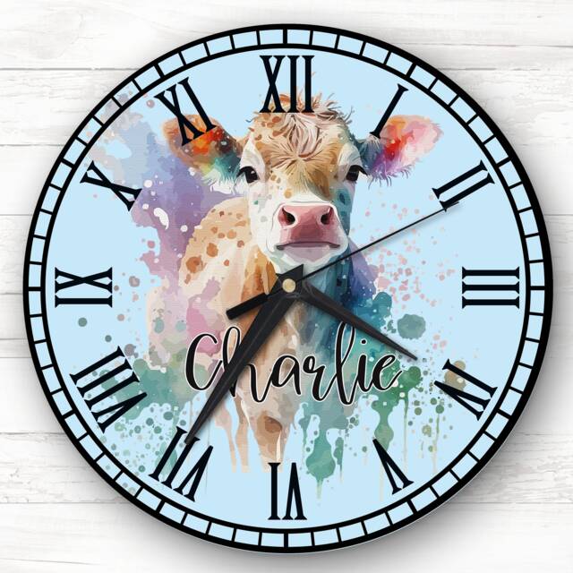 Cow Blue Colourful Watercolour Personalised Gift Clock - image 1