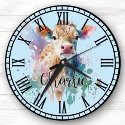 Cow Blue Colourful Watercolour Personalised Gift Clock - thumbnail 1