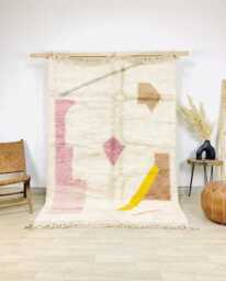 Ivory Moroccan Rug With Pink & Yellow Geometric Accents - Large 9x12 Area Handmade Berber Shag For Modern Neutral Decor - thumbnail 1