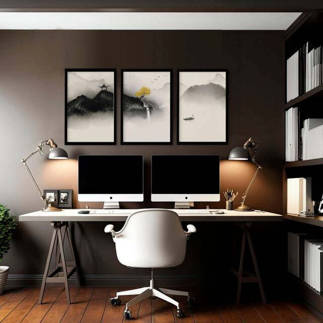 Japandi Home Office Decor For Men Set Of 3 Framed Wall Art Prints, Trendy Zen Japanese Gallery Hanging Office Desk Decor - image 1