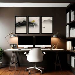Japandi Home Office Decor For Men Set Of 3 Framed Wall Art Prints, Trendy Zen Japanese Gallery Hanging Office Desk Decor - thumbnail 1
