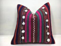 Vintage Kilim Pillow Cover, Handwoven Turkish Cushion, 16x16 - thumbnail 1