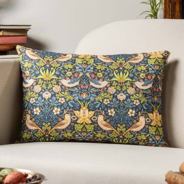 William Morris Strawberry Thief Printed Boudoir Cushion in Blue. Vintage Arts & Crafts Botanical Floral Print. 17x12 - image 1