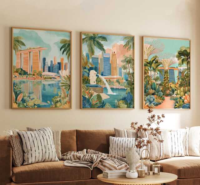 Singapore Poster Set Of 3, Vintage Travel Illustration, Retro Cityscape Skyline Wall Art Prints - image 1