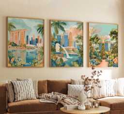 Singapore Poster Set Of 3, Vintage Travel Illustration, Retro Cityscape Skyline Wall Art Prints - thumbnail 1