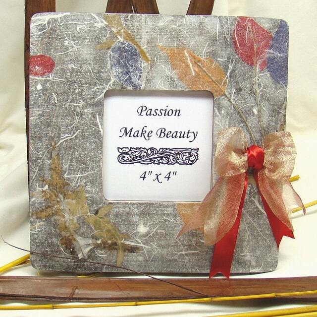 Hand Decorated Wooden Photo Frame, Standing Or Hanging Picture, Bow Ribbons, Desk Home Decor, White Brown, Autumn Leafs, One Of A Kind Gift - image 1