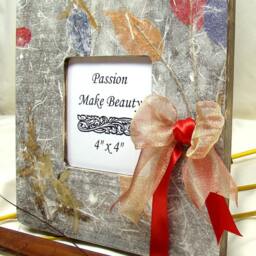 Hand Decorated Wooden Photo Frame, Standing Or Hanging Picture, Bow Ribbons, Desk Home Decor, White Brown, Autumn Leafs, One Of A Kind Gift - thumbnail 3